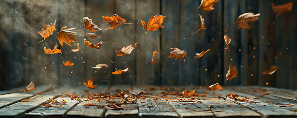 A captivating scene of autumn leaves in mid-air, falling onto a rustic wooden table.