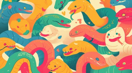 Fototapeta premium Colorful illustration of playful cartoon snakes intertwined in vibrant hues, creating a lively and whimsical atmosphere.