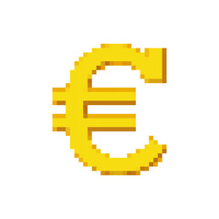 Golden Euro Sign. Pixel Art Style. Currency Icon in Pixelart. Isolated Vector Illustration