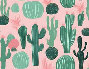 Bright texture with pink desert and green cacti hand drawn in pastel colors background
