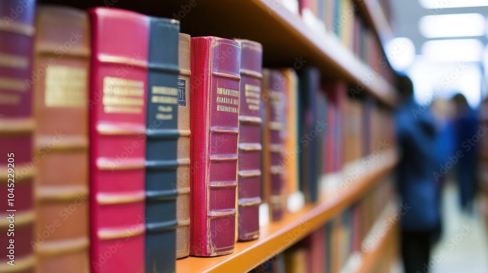 Poster a row of books neatly arranged on a school library shelf, with the blurred background of students st
