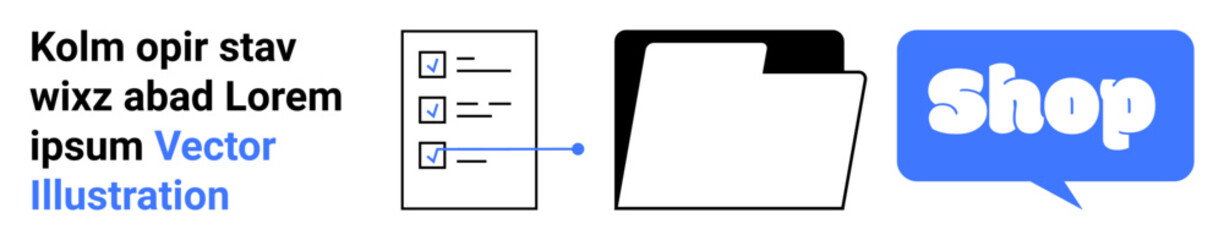 Three icons including a checklist, folder, and Shop speech bubble with text. Ideal for business, e-commerce, document management, online shopping, and marketing themes. Banner for landing page