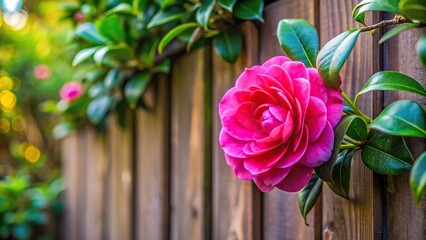 Forced perspective blooming pink Camellia over fence