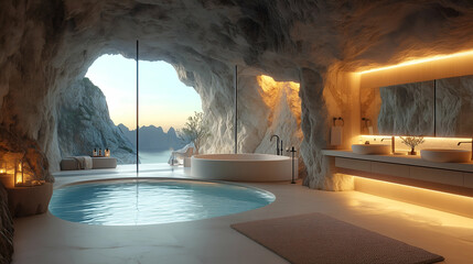 Luxurious cave bathroom with freestanding soaking tub, ambient neon orange lighting, and stunning mountain views, featuring modern fixtures and natural stone design