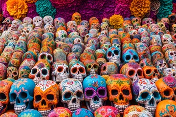 Colorful sugar skulls in a vibrant market stall surrounded by traditional da de muertos decoration, Ai Generated