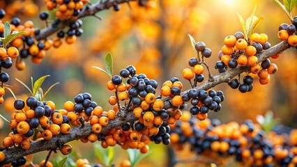 Fototapeta premium Forced perspective buckthorn brittle with ripe black berries in autumn garden