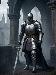 Obraz premium Armored knight standing in misty medieval castle courtyard