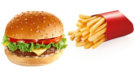 hambúrguer de carne bovina acompanhado com porção de batatas fritas isolado em fundo transparente