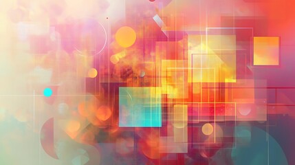 Abstract neon background with bright squares triangles and circles in a geometric design