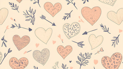 A heart background with simple line art of hearts and arrows, drawn in thin black outlines on a pastel pink canvas, creating a playful and elegant design