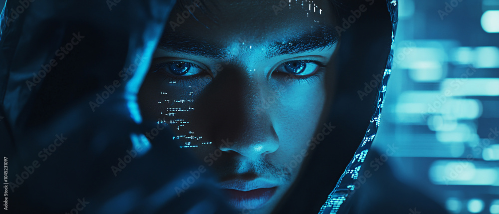 Poster mysterious hacker with blue neon light and digital code on face