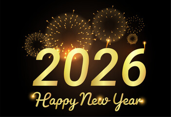 2026 Happy New Year with fireworks on the dark background.