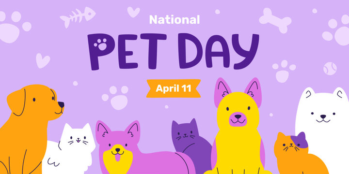 Cute pet day banner template with cats and dogs. Cartoon bright vector poster with flat pets.