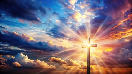 Obraz premium Forced perspective cross with radiating light in colorful cloudy sky