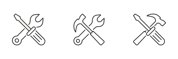 Crossed Tools Line Icon Set. Wrench, Hammer, and Screwdriver for Maintenance and Repair. Construction and Technical Service Outline Symbol Collection. Editable Stroke. Isolated Vector Illustration
