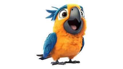 Fototapeta premium A cheerful blue and orange parrot character stands with a wide smile, showcasing vibrant feathers and an engaging expression.