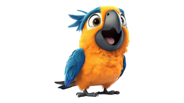 A cheerful blue and orange parrot character stands with a wide smile, showcasing vibrant feathers and an engaging expression.