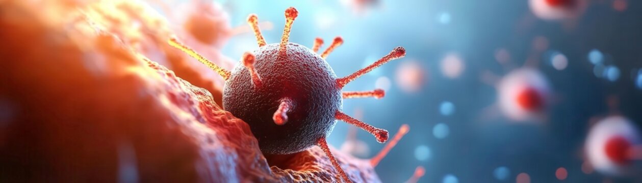 Microscopic view of a virus surrounded by cells, detailed illustration.