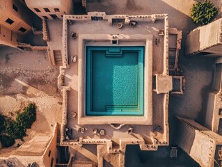 A pool is in the middle of a courtyard. The pool is surrounded by a wall. There are several chairs around the pool