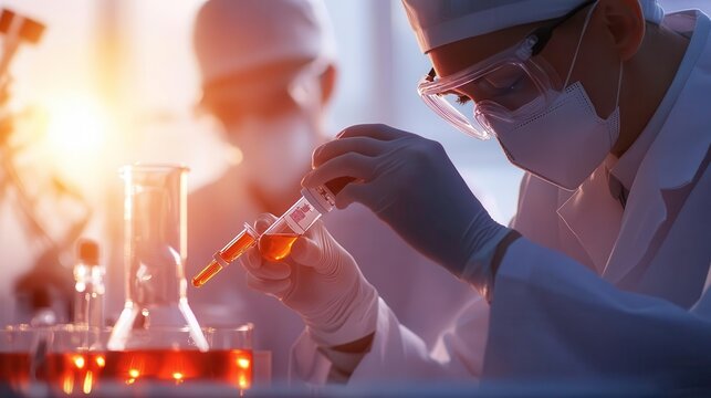 Scientist working in laboratory, performing experiments with test tubes and equipment.