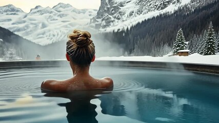 A woman enjoys a hot bath in a pool at a spa retreat with steam around her, against a backdrop of snowy mountains in winter. Video