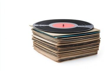 Stack of vintage vinyl records on a white isolated background.