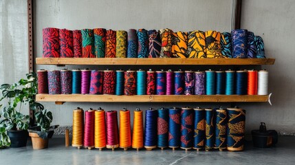 Naklejka premium Brightly colored fabrics displayed in a row, with spools of matching thread, representing the creativity and diversity of textiles.