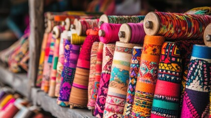 Fototapeta premium Brightly colored fabrics displayed in a row, with spools of matching thread, representing the creativity and diversity of textiles.
