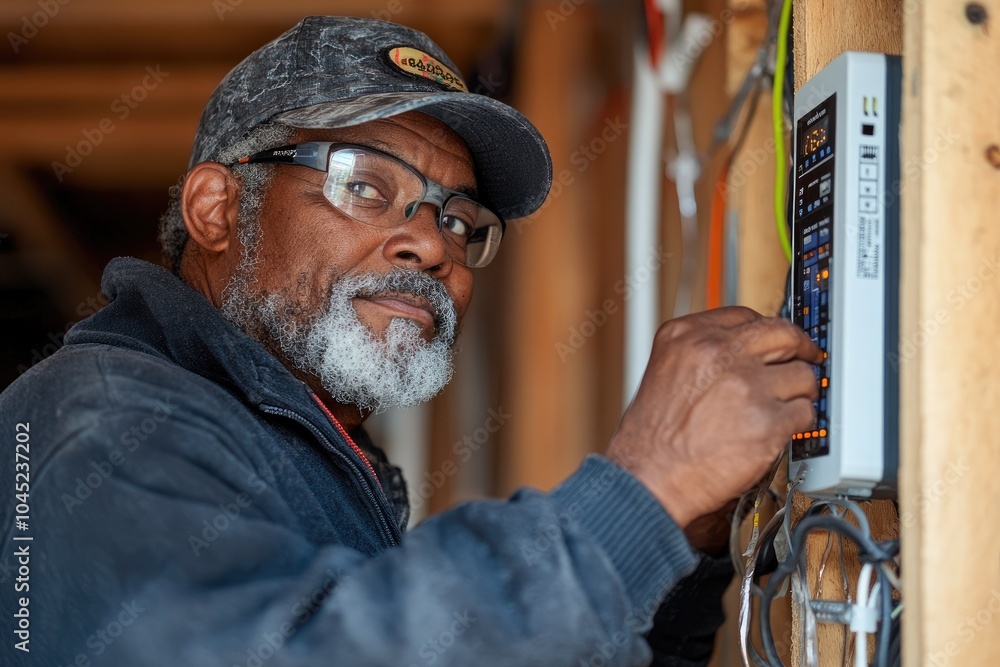 Poster Electrician is programming a control panel for a house under construction
