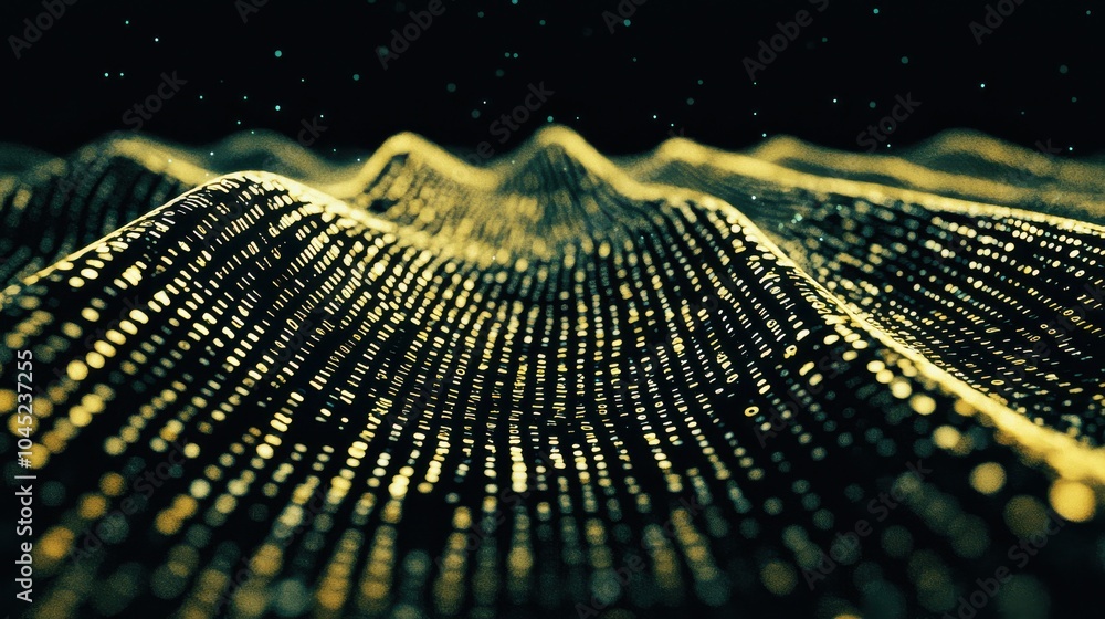 Poster dynamic blend of gold particles in digital data wave