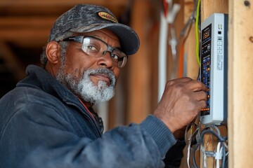 Electrician is programming a control panel for a house under construction