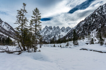 Fototapeta premium Gleris Valley. Winter in a wild valley in the Alps. Friulian Carnic Alps