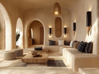 A living room with a couch and a coffee table. The couch is black and white. There is a lamp on the table