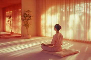 Woman is practicing yoga in a peaceful studio bathed in sunlight