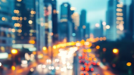Fototapeta premium A blurred cityscape background with soft focus, capturing the lights of buildings and cars, providing a modern, urban vibe for websites or presentations.