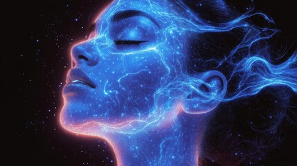 Close-up of a woman's profile with glowing blue and purple energy patterns, creating a mystical and ethereal effect.