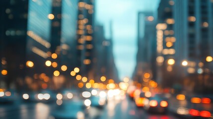 Fototapeta premium A blurred cityscape background with soft focus, capturing the lights of buildings and cars, providing a modern, urban vibe for websites or presentations.
