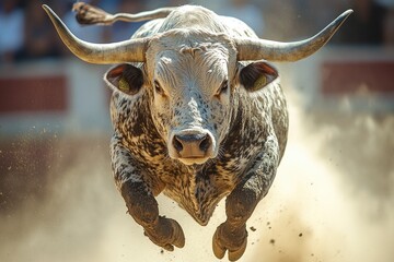 Powerful brown and white bull charging forward in a bullring