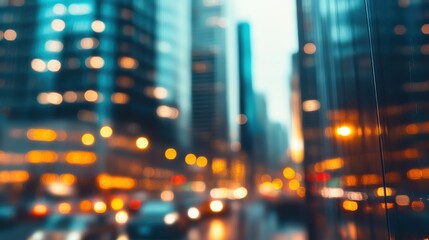 A blurred cityscape background with soft focus, capturing the lights of buildings and cars, providing a modern, urban vibe for websites or presentations.