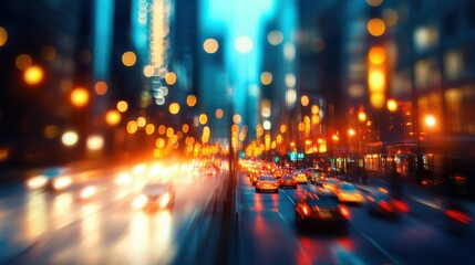 A blurred cityscape background with soft focus, capturing the lights of buildings and cars, providing a modern, urban vibe for websites or presentations.