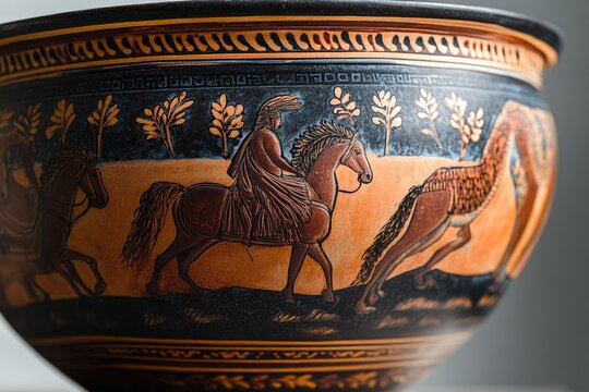 Ancient greek vase depicting warriors riding horses in red figure style