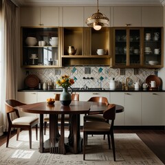 A modern kitchen with a dining table and chairs, featuring white cabinets with gold accents, a patterned tile backsplash, and a large window.