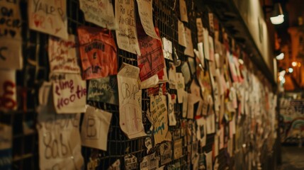 A closeup of handdrawn signs and posters made by devoted fans hanging on the walls of the arena.