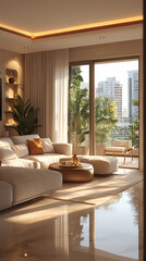 Fototapeta premium Design for a cream-colored apartment living room with smooth arc doors, comfortable furniture, and simple lighting.