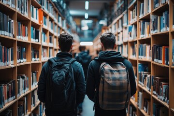 Fototapeta premium Two students walking down library aisle with backpacks