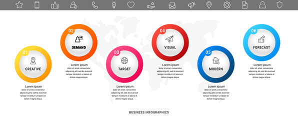 Circle vector infographic template with 6 steps and options for annual reports, presentations, advertising, chart. Modern business illustration.