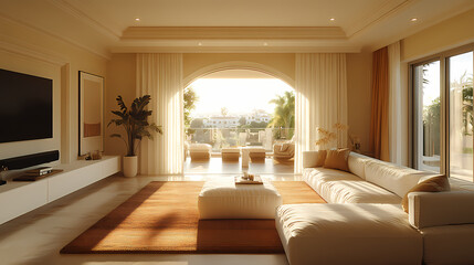 Fototapeta premium Design for a cream-colored apartment living room with smooth arc doors, comfortable furniture, and simple lighting.