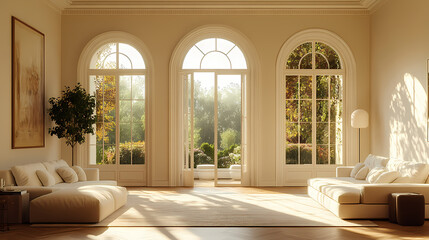 Design for a cream-colored apartment living room with smooth arc doors, comfortable furniture, and simple lighting.