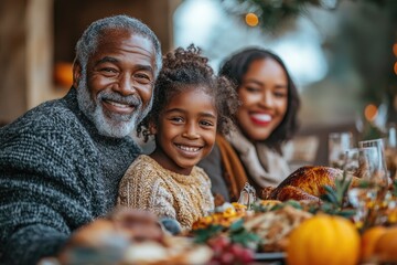 Happy family celebrating thanksgiving enjoying dinner together at home - Powered by Adobe