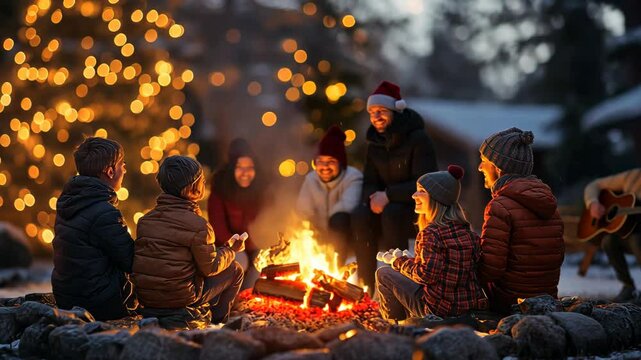 Family sitting together by the fire, toasting marshmallows and sharing stories, with the warmth of the season all around. . Video
